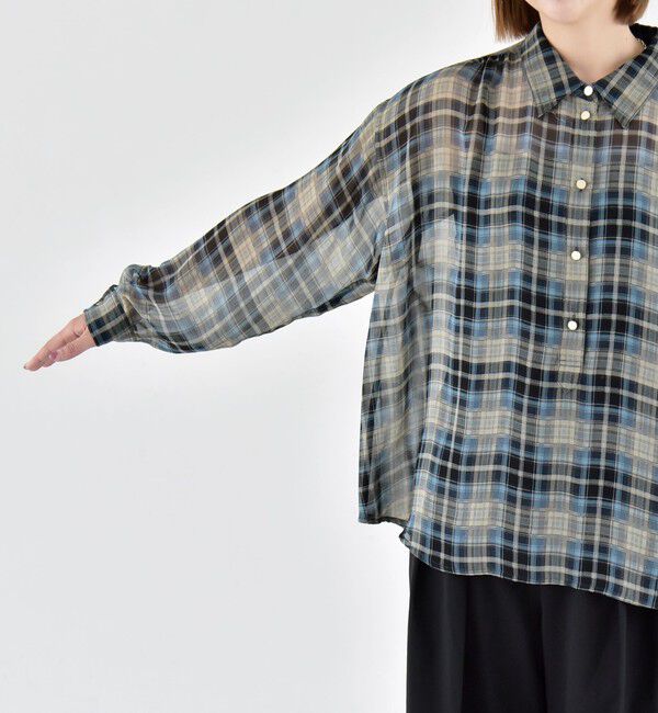 quaranciel「quaranciel:〈洗濯機可能〉シアー チェック ギャザー プルオーバー シャツ」|シャツ・ブラウス|