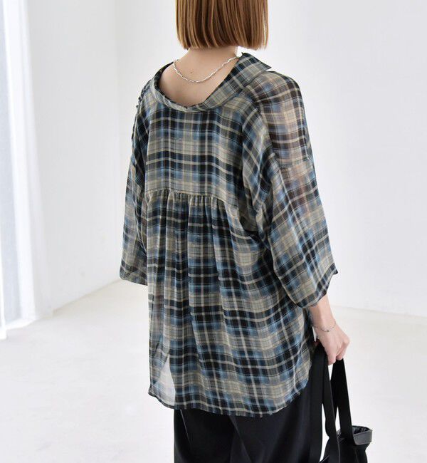 quaranciel「quaranciel:〈洗濯機可能〉シアー チェック ギャザー プルオーバー シャツ」|シャツ・ブラウス|