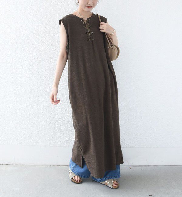 SHIPS for women「〈手洗い可能〉ランダム パイル レースアップ ワンピース」|ワンピース|カーキ