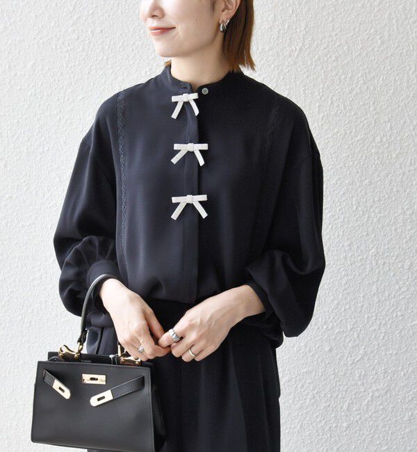 SHIPS any「〈手洗い可能〉リボン モチーフ スタンドカラー シャツ ブラウス［NAVY BLUE］」|シャツ・ブラウス|