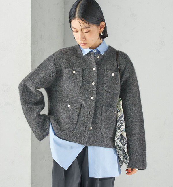 SHIPS for women「《予約》〈手洗い可能〉ノーカラー ヘアリー ニット ジャケット」|カーディガン|