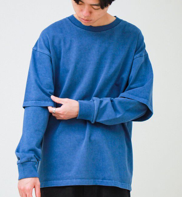GLOSTER「【1枚でレイヤード完成】ピグメント加工 フェイクレイヤードロンT」|Tシャツ・カットソー|ネイビー