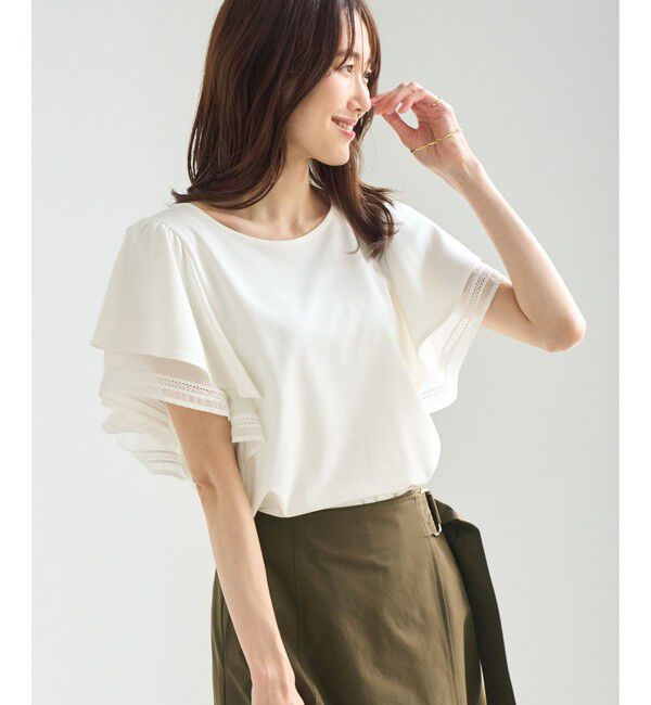 Rope&rsquo;Picnic「【ベストヒット】レースドッキングフレアスリーブカットトップス/UVカット・接触冷感」|Tシャツ・カットソー|