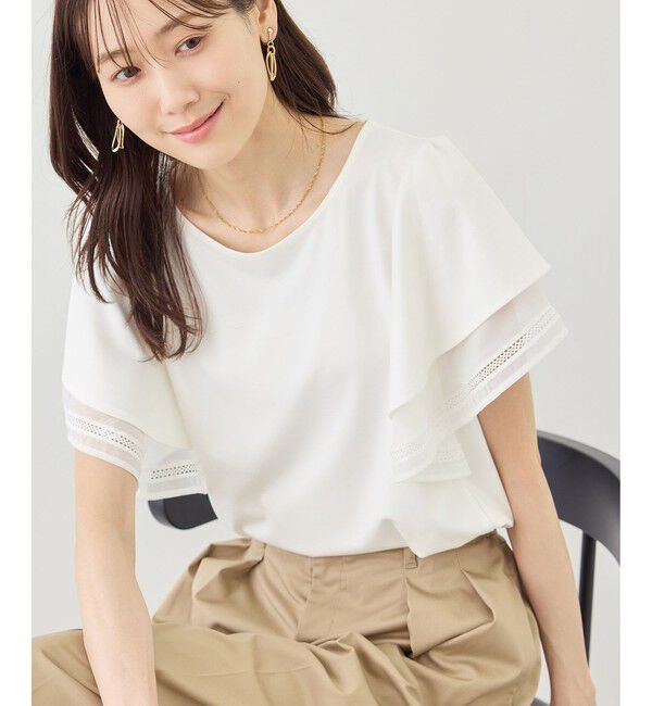 Rope&rsquo;Picnic「【ベストヒット】レースドッキングフレアスリーブカットトップス/UVカット・接触冷感」|Tシャツ・カットソー|