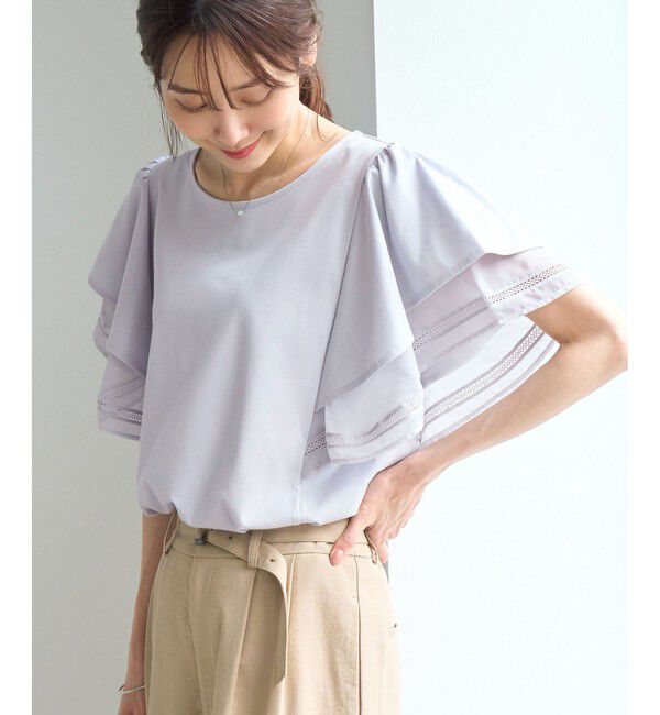 Rope&rsquo;Picnic「【ベストヒット】レースドッキングフレアスリーブカットトップス/UVカット・接触冷感」|Tシャツ・カットソー|