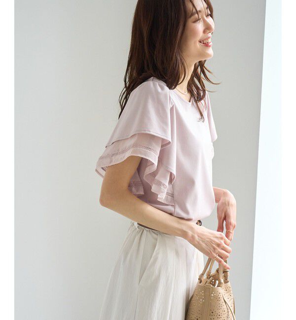 Rope&rsquo;Picnic「【ベストヒット】レースドッキングフレアスリーブカットトップス/UVカット・接触冷感」|Tシャツ・カットソー|