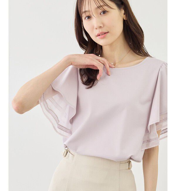 Rope&rsquo;Picnic「【ベストヒット】レースドッキングフレアスリーブカットトップス/UVカット・接触冷感」|Tシャツ・カットソー|