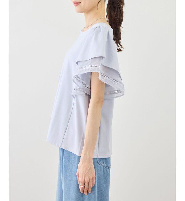 Rope&rsquo;Picnic「【ベストヒット】レースドッキングフレアスリーブカットトップス/UVカット・接触冷感」|Tシャツ・カットソー|