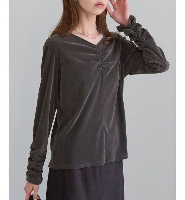 Rope&rsquo;Picnic「フロントギャザーVネックシアーフロッキートップス」|Tシャツ・カットソー|チャコール(06)