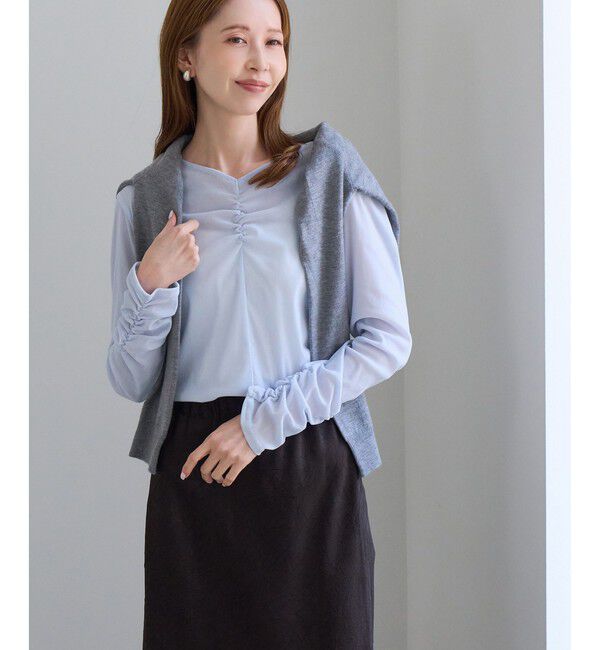 Rope&rsquo;Picnic「フロントギャザーVネックシアーフロッキートップス」|Tシャツ・カットソー|