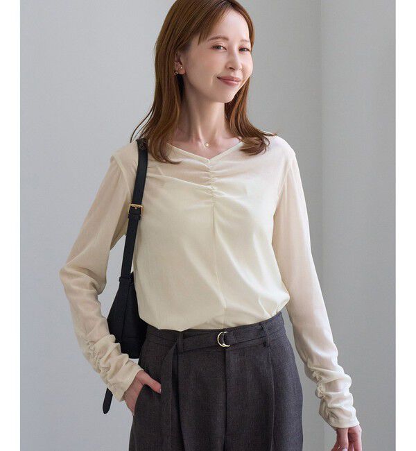 Rope&rsquo;Picnic「フロントギャザーVネックシアーフロッキートップス」|Tシャツ・カットソー|