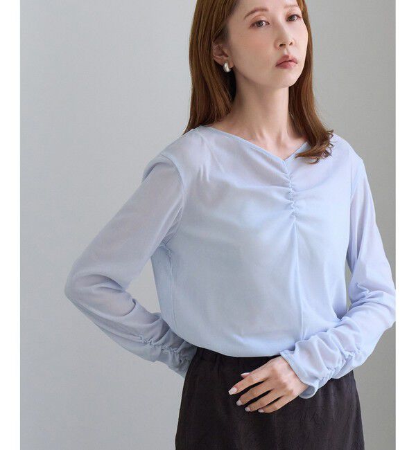 Rope&rsquo;Picnic「フロントギャザーVネックシアーフロッキートップス」|Tシャツ・カットソー|サックス(48)