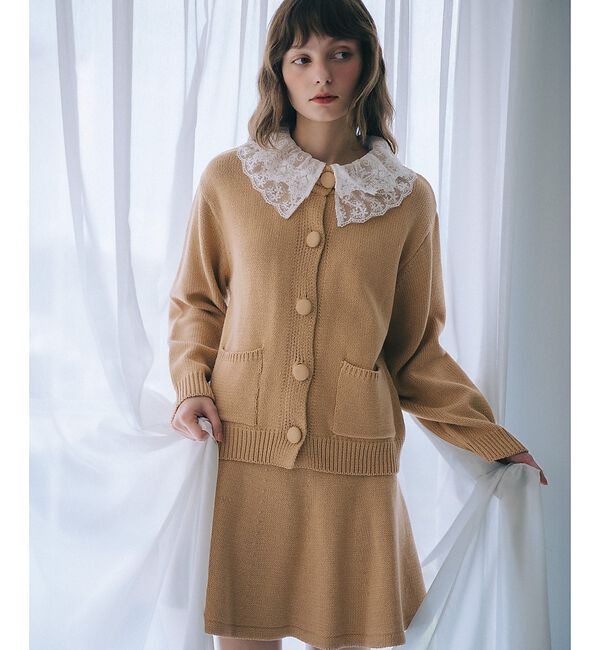 SELFIST「【kariさんコラボ】レース衿カーデ&times;ミニスカートSET」|ニット・セーター|ベージュ