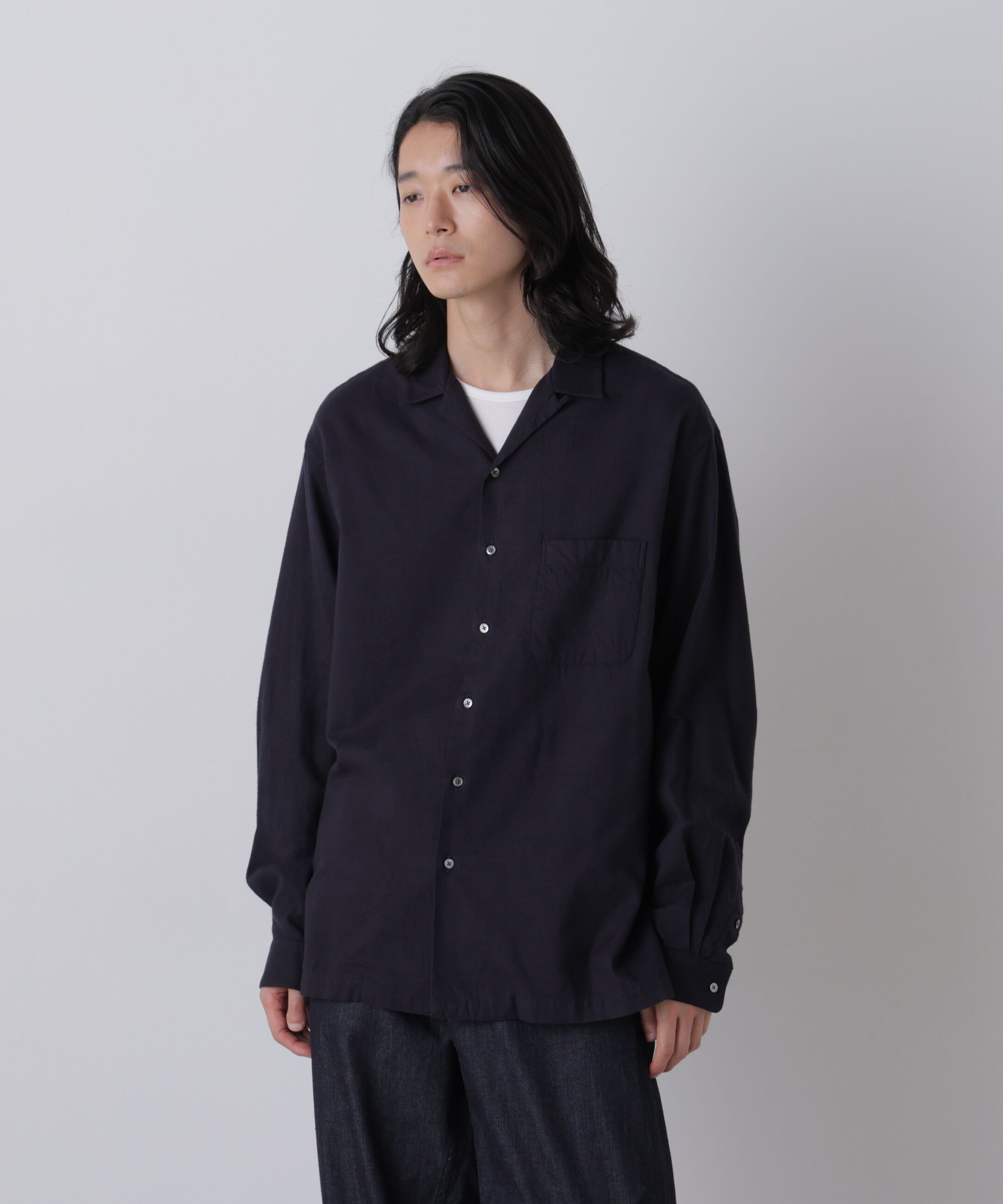 YLEVE 「Ｙ /  [UNISEX] BRUSHED ORGANIC COTTON TENCEL OPEN COLLAR SHIRT」|シャツ・ブラウス|ネイビー