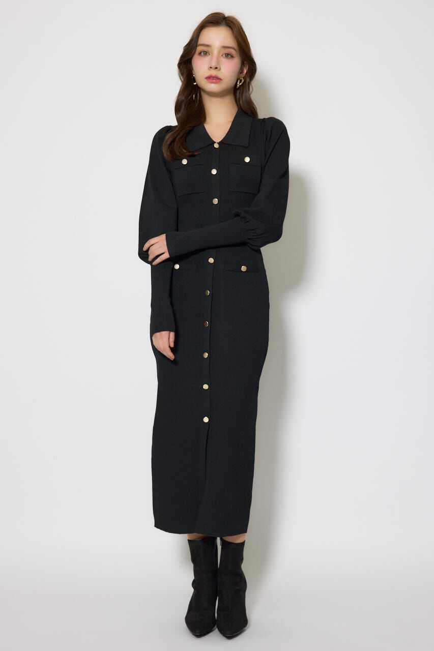 rienda「パフロングスリーブニットタイトワンピース」|ワンピース|BLK
