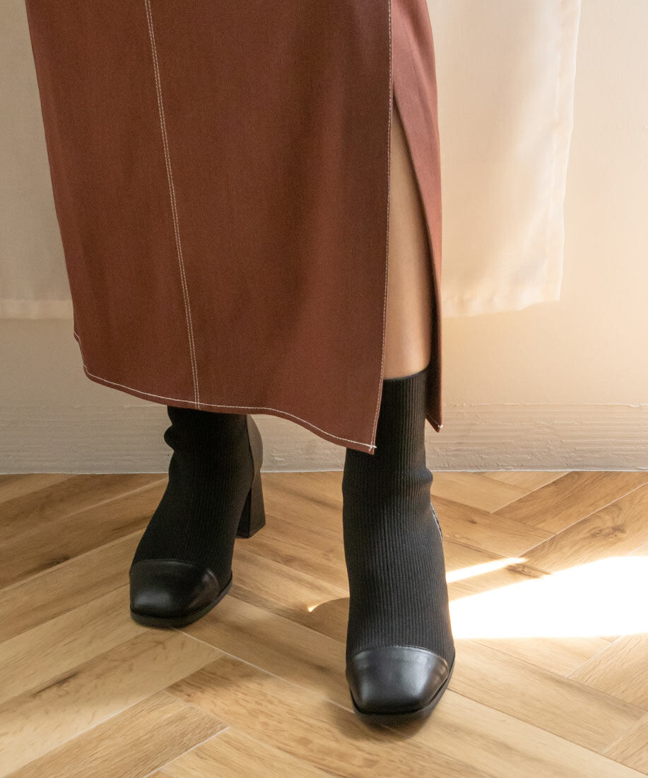  「ストレッチ チャンキーヒールニットブーツ」|ショートブーツ|