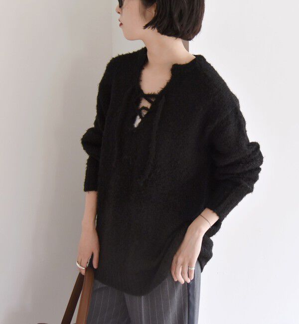 quaranciel「quaranciel:〈手洗い可能〉フェザーヤーン レースアップ ラメ スキッパー ニット」|ニット・セーター|
