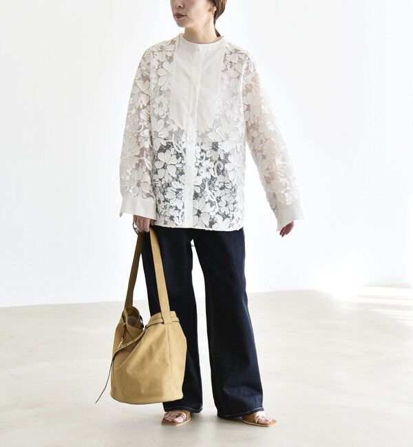 quaranciel「quaranciel:〈手洗い可能〉デニム フラワー レース バンドカラー シャツ」|シャツ・ブラウス|