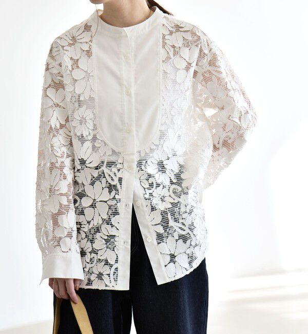 quaranciel「quaranciel:〈手洗い可能〉デニム フラワー レース バンドカラー シャツ」|シャツ・ブラウス|
