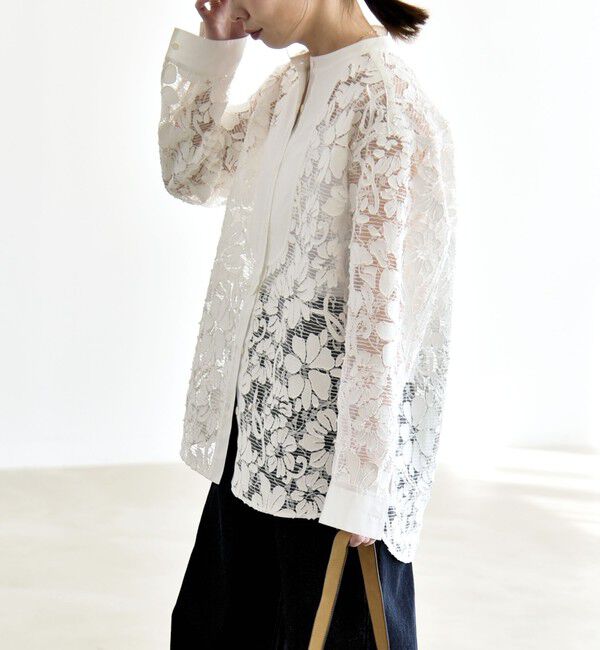 quaranciel「quaranciel:〈手洗い可能〉デニム フラワー レース バンドカラー シャツ」|シャツ・ブラウス|