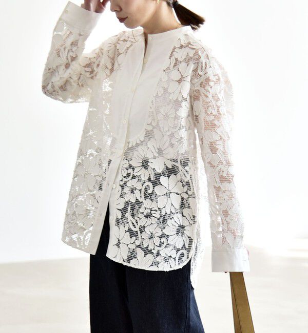 quaranciel「quaranciel:〈手洗い可能〉デニム フラワー レース バンドカラー シャツ」|シャツ・ブラウス|