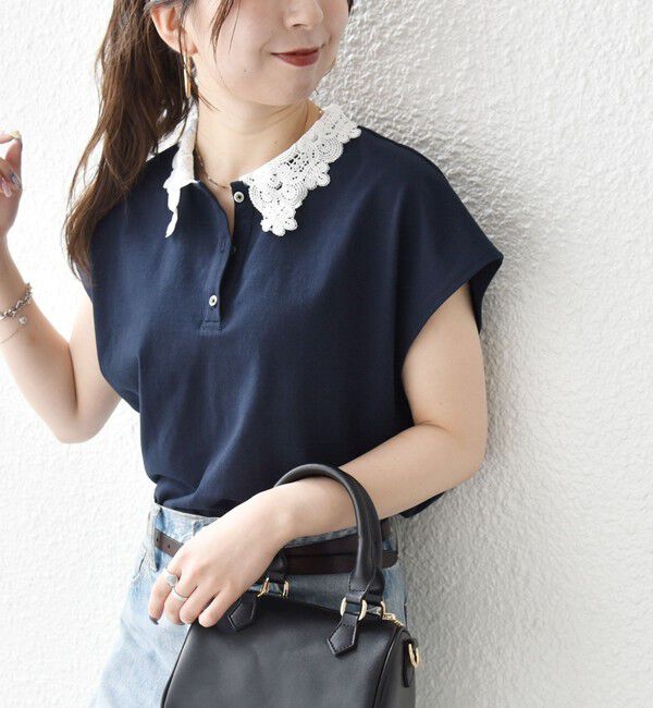 SHIPS any「〈洗濯機可能〉レース カラー フレンチスリーブ ポロ プルオーバー」|Tシャツ・カットソー|ネイビー
