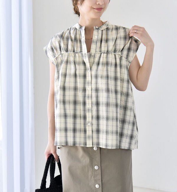 quaranciel「quaranciel:〈手洗い可能〉チェック ギャザー バンドカラー フレンチ シャツ」|シャツ・ブラウス|