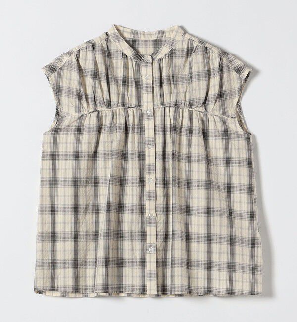 quaranciel「quaranciel:〈手洗い可能〉チェック ギャザー バンドカラー フレンチ シャツ」|シャツ・ブラウス|