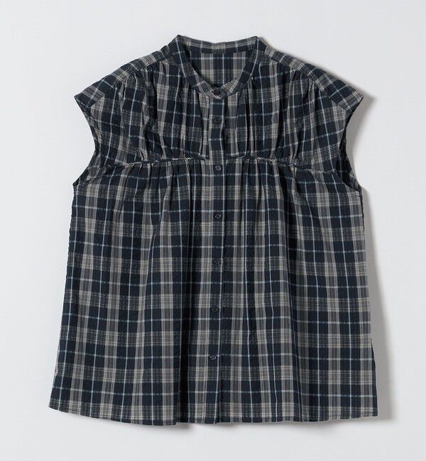 quaranciel「quaranciel:〈手洗い可能〉チェック ギャザー バンドカラー フレンチ シャツ」|シャツ・ブラウス|