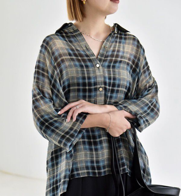 quaranciel「quaranciel:〈洗濯機可能〉シアー チェック ギャザー プルオーバー シャツ」|シャツ・ブラウス|