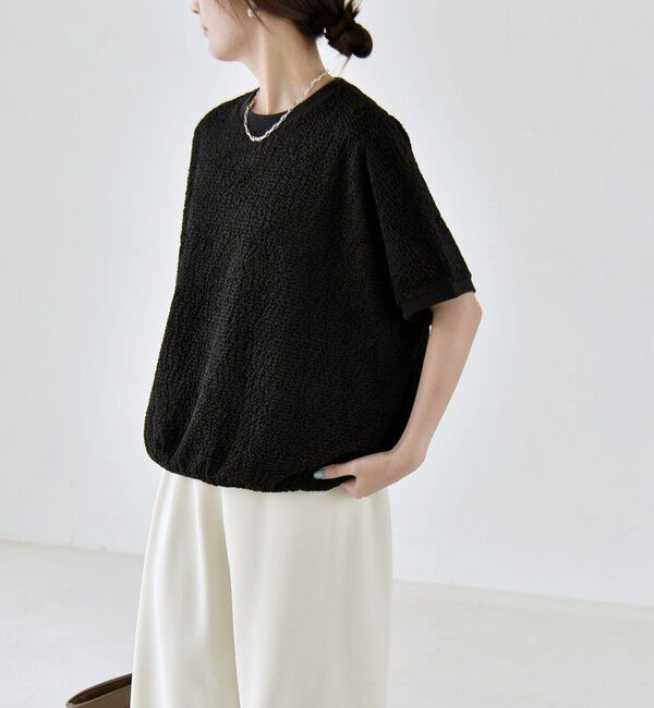 quaranciel「quaranciel:〈洗濯機可能〉カットジャカード ルーズ フレンチスリーブ プルオーバー」|Tシャツ・カットソー|