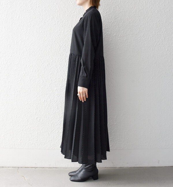SHIPS any「〈手洗い可能〉ドット バンドカラー プリーツ ロング ワンピース」|ワンピース|