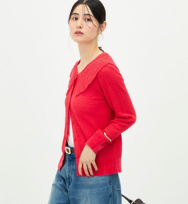 Rie Miller「《手洗い可能》柄編みフリルカラーカーディガン」|カーディガン|