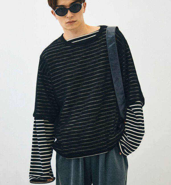 GLOSTER「3/4スリーブメッシュTシャツ シアーT 7分袖 オーバーサイズ」|Tシャツ・カットソー|ブラック