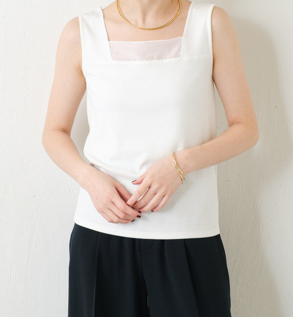  「【万能インナー】 シアー切り替えスクエアタンクトップ」|Tシャツ・カットソー|ホワイト