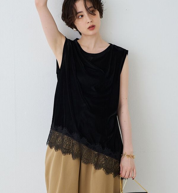 Rouge vif「シアーベロアノースリーブヘムレースカットソー」|Tシャツ・カットソー|ブラック