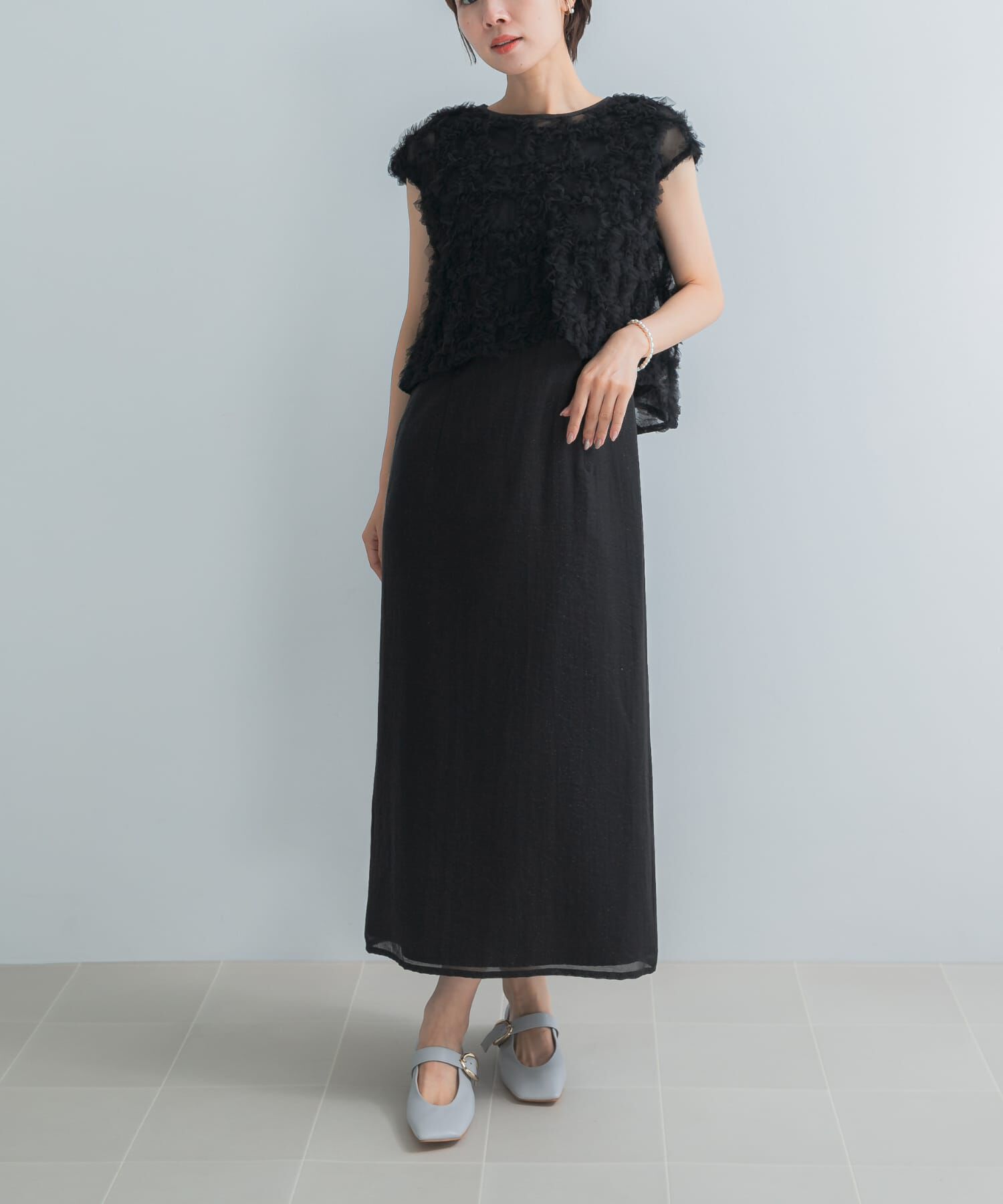 URBAN RESEARCH ROSSO「kaene　フラッフィーフラワーコンビドレス」|ワンピース|ブラック