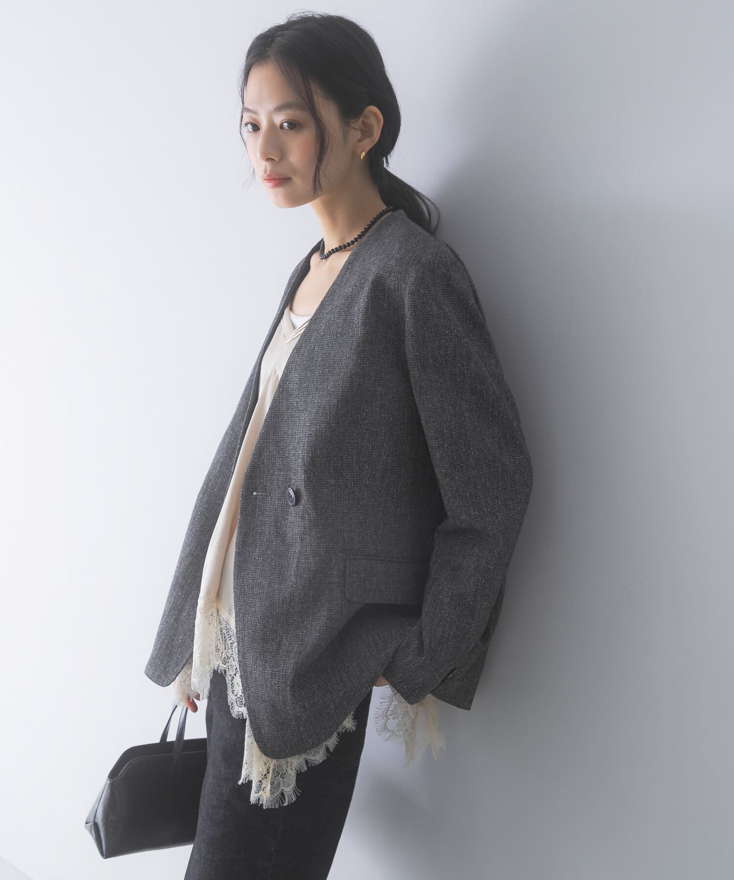 URBAN RESEARCH ROSSO「シルクネップVネックジャケット」|ノーカラージャケット|