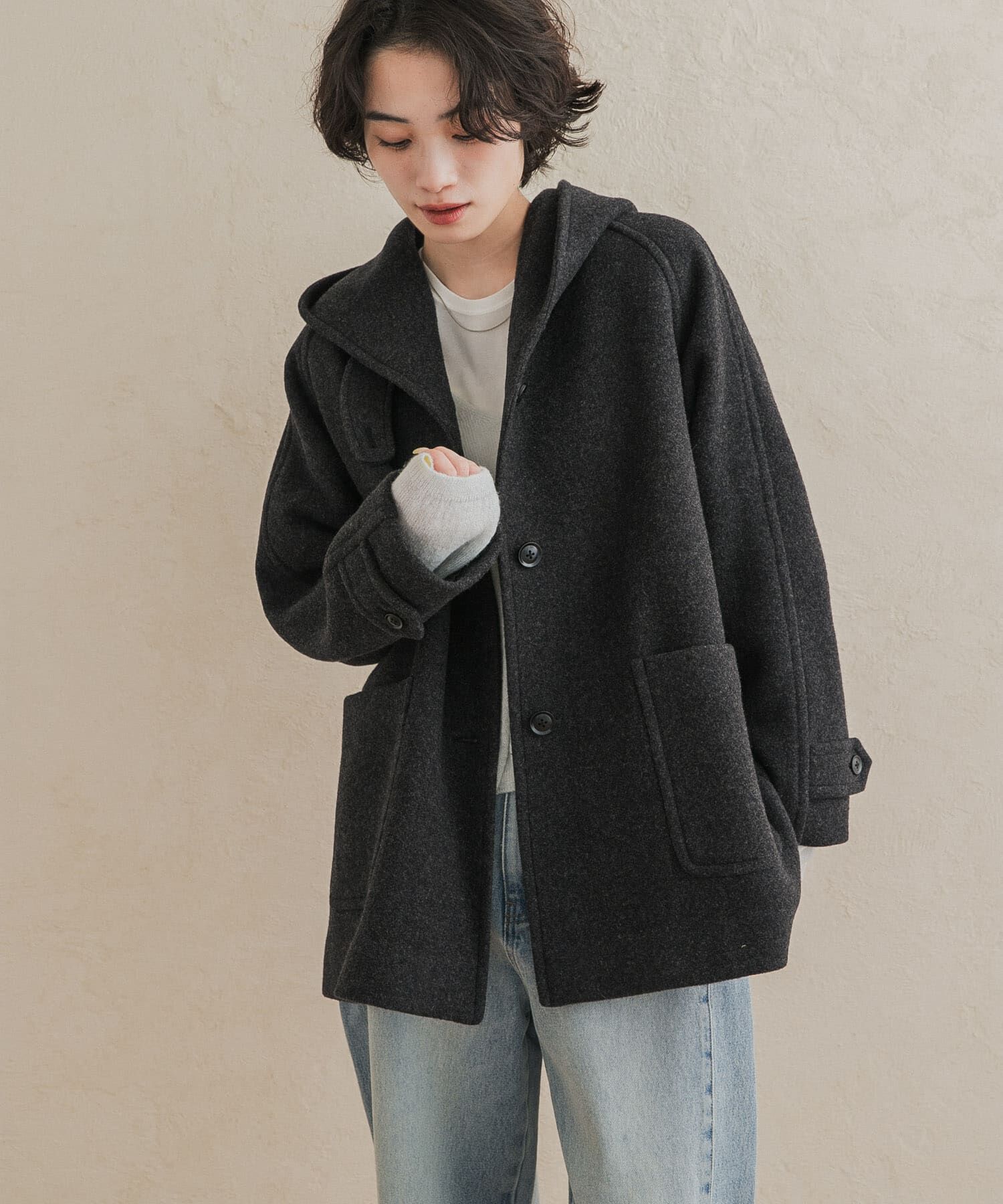 URBAN RESEARCH DOORS「エアリーウールフードコート 26AW」|ノーカラーコート|