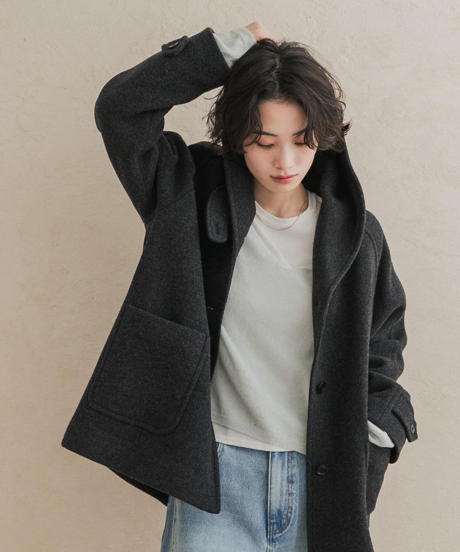 URBAN RESEARCH DOORS「エアリーウールフードコート 26AW」|ノーカラーコート|