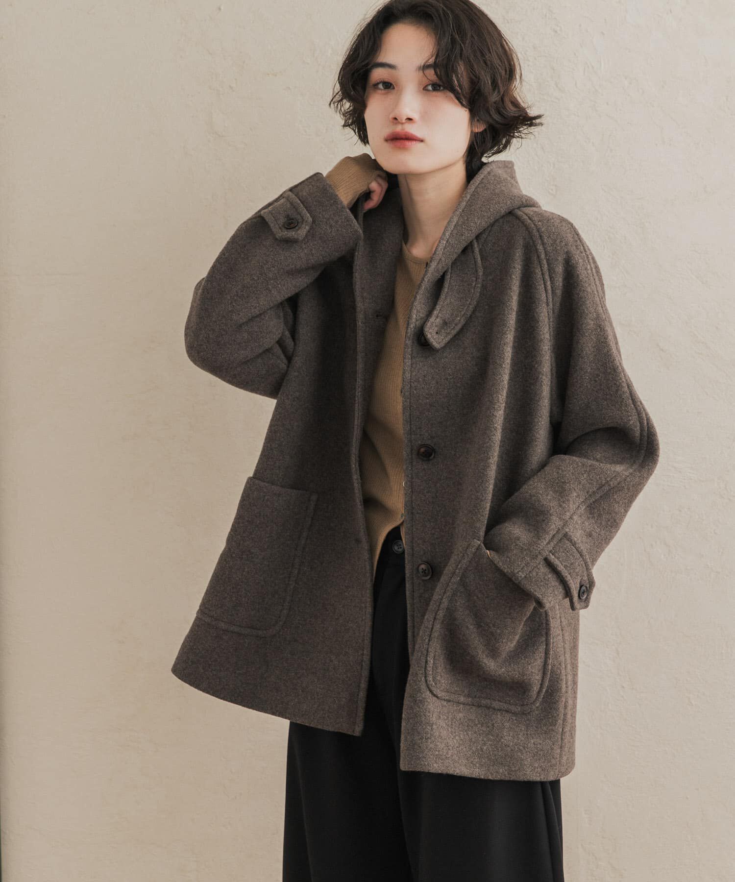 URBAN RESEARCH DOORS「エアリーウールフードコート 26AW」|ノーカラーコート|