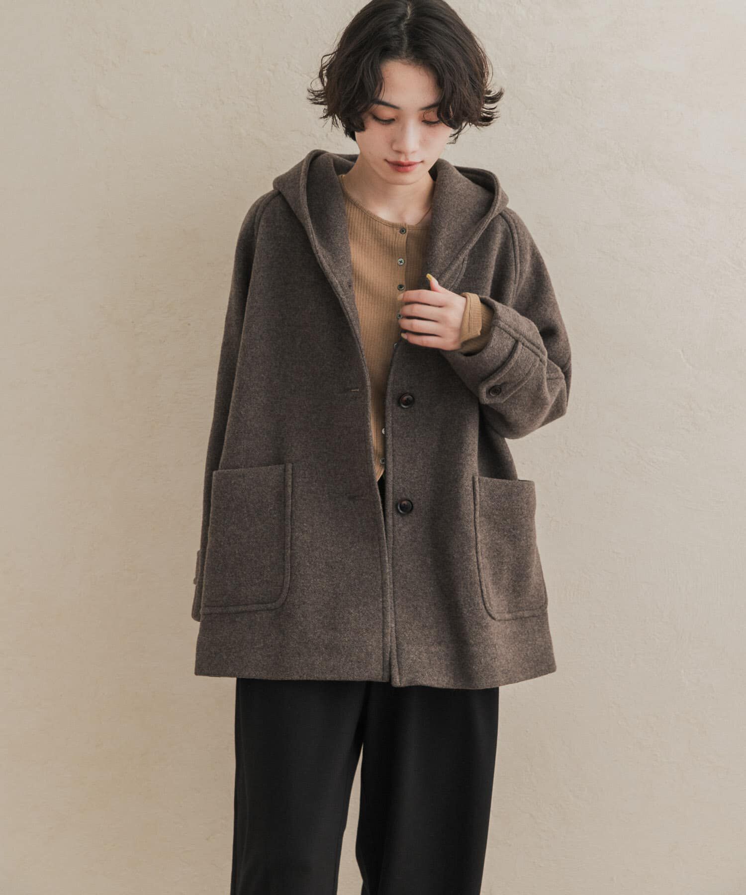 URBAN RESEARCH DOORS「エアリーウールフードコート 26AW」|ノーカラーコート|
