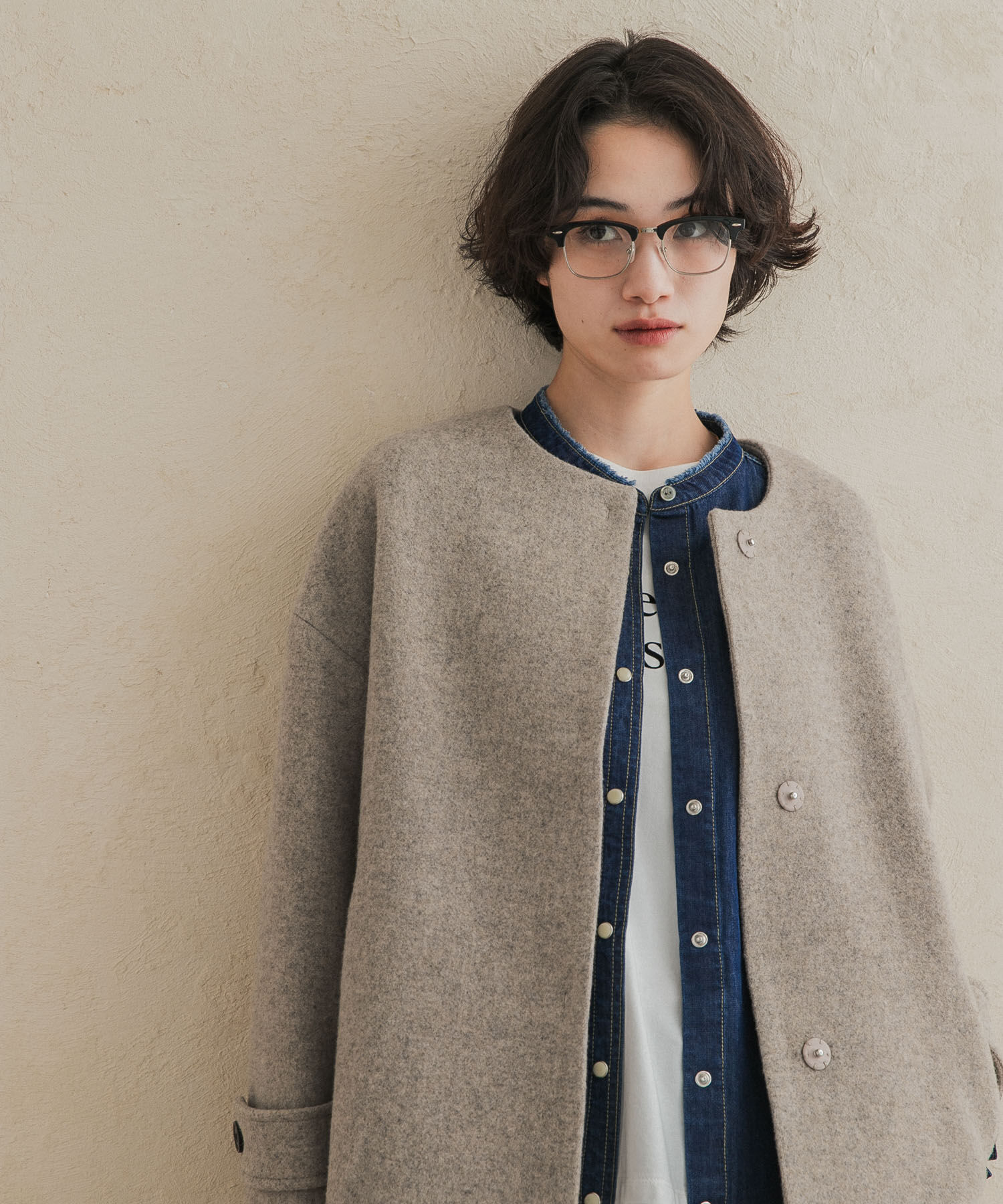 URBAN RESEARCH DOORS「エアリーウールノーカラーミドルコート 26AW」|ノーカラーコート|