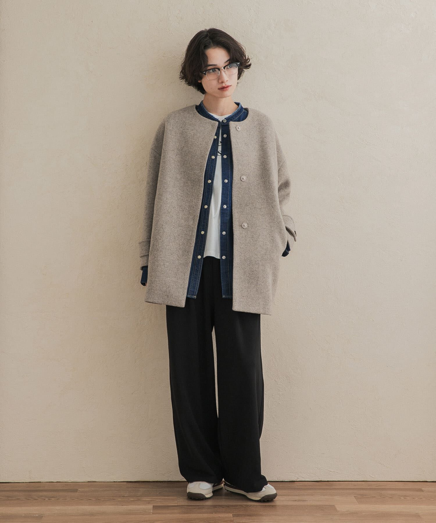 URBAN RESEARCH DOORS「エアリーウールノーカラーミドルコート 26AW」|ノーカラーコート|