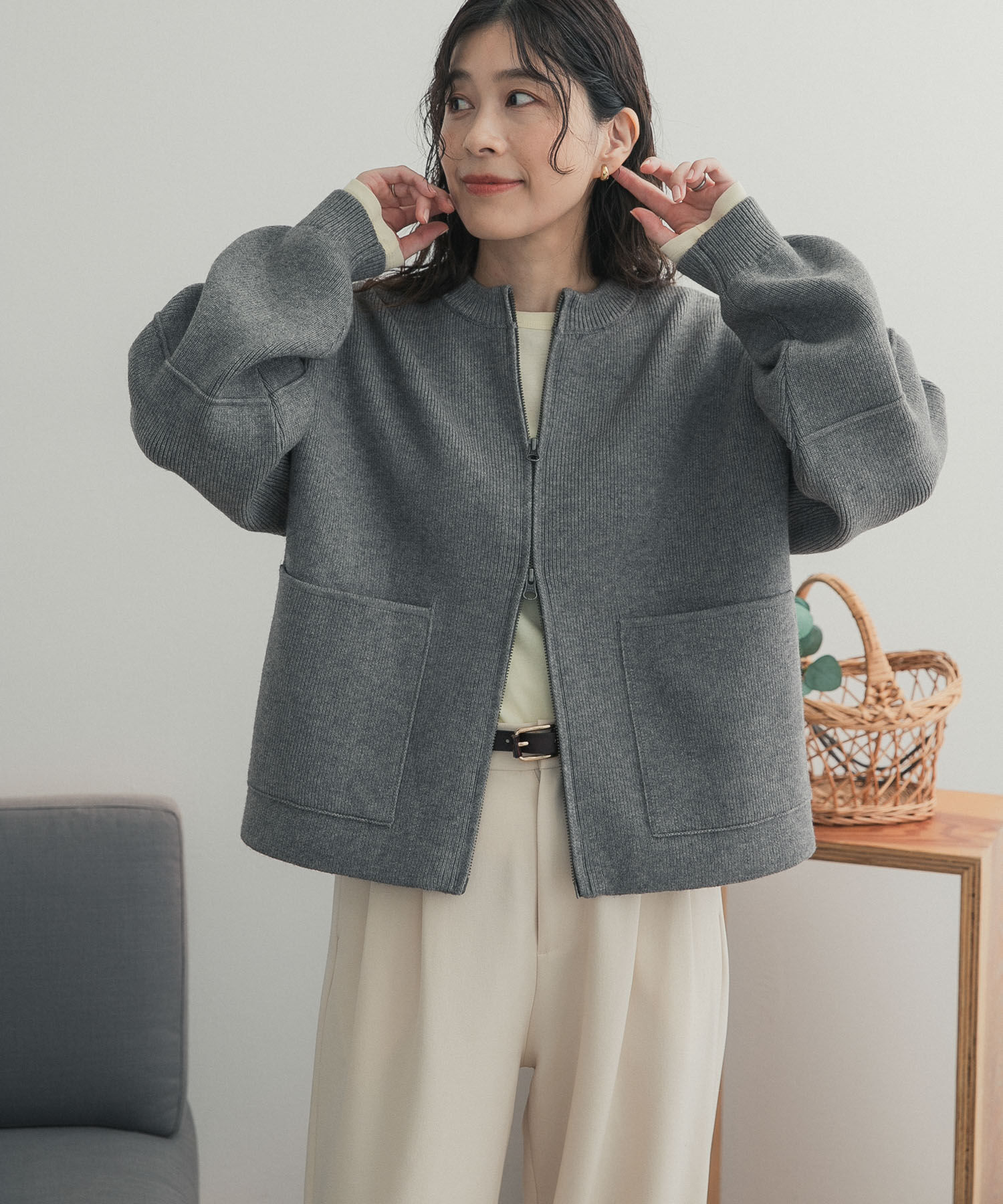 URBAN RESEARCH DOORS「『一部WEB限定カラー』ニットZIPブルゾン」|ブルゾン・スタジャン|グレー系その他