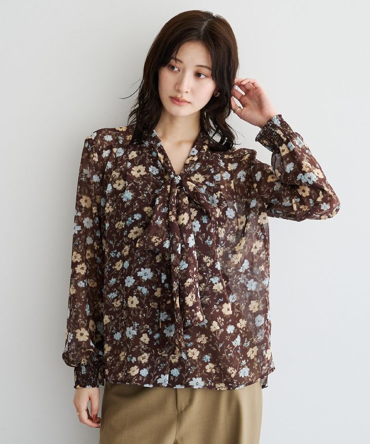 YECCA VECCA「フラワー柄シアーボウタイブラウス」|シャツ・ブラウス|Brown