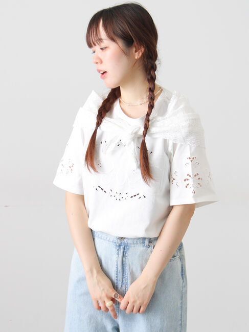 Samansa Mos2「三角ストール付カットワーク刺繍Tシャツ」|Tシャツ・カットソー|