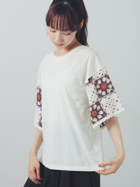 Samansa Mos2「【接触冷感】モチーフ編みコンビカットソー」|Tシャツ・カットソー|