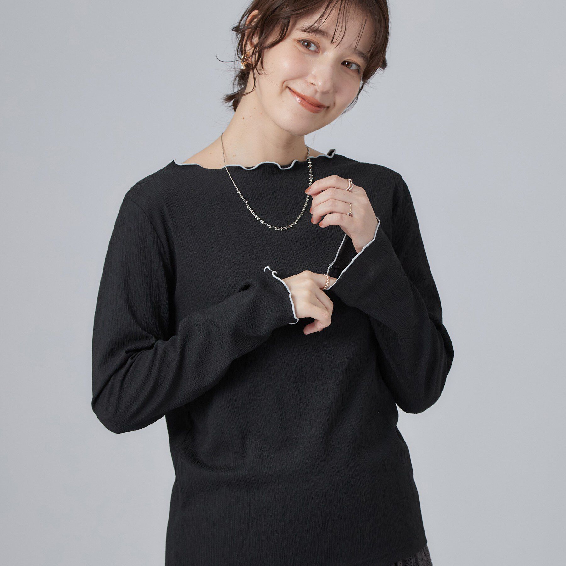 SHOO･LA･RUE「【洗濯機可】配色メロウで華やかに アソート楊柳トップス」|Tシャツ・カットソー|ブラック(019)