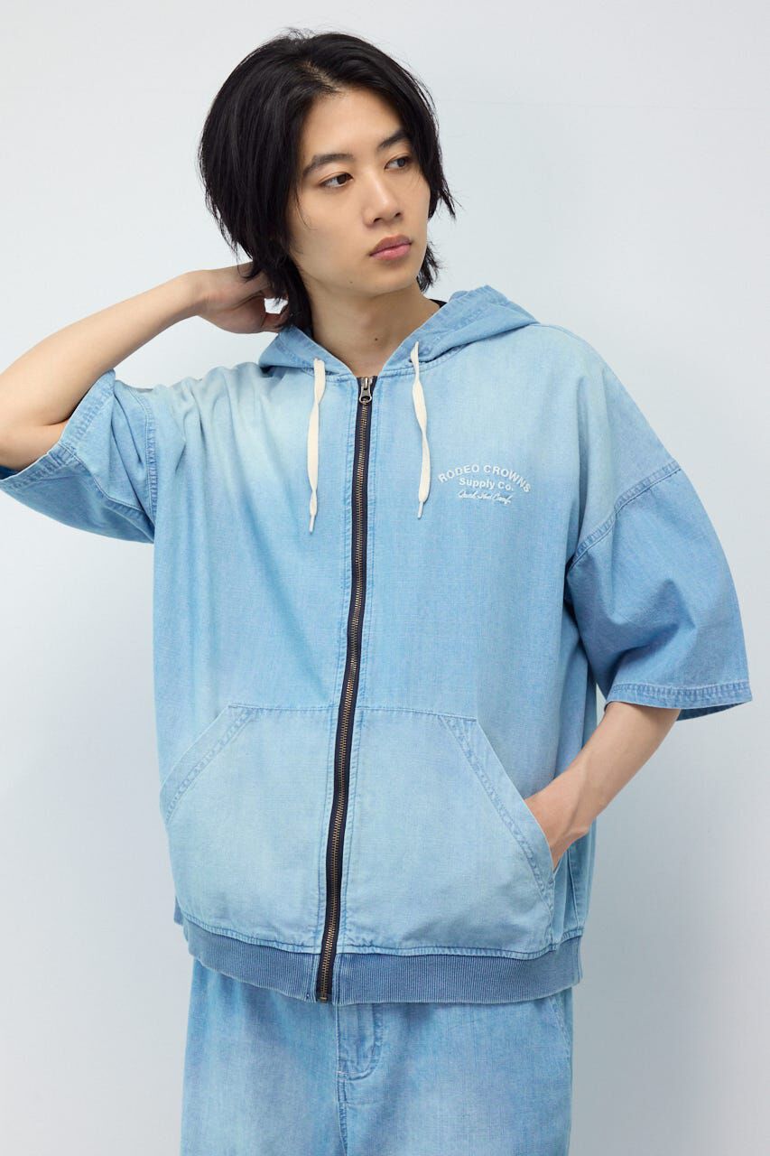 RODEO CROWNS「シャンブレーハーフスリーブZIPパーカー」|Tシャツ・カットソー|L/BLU1